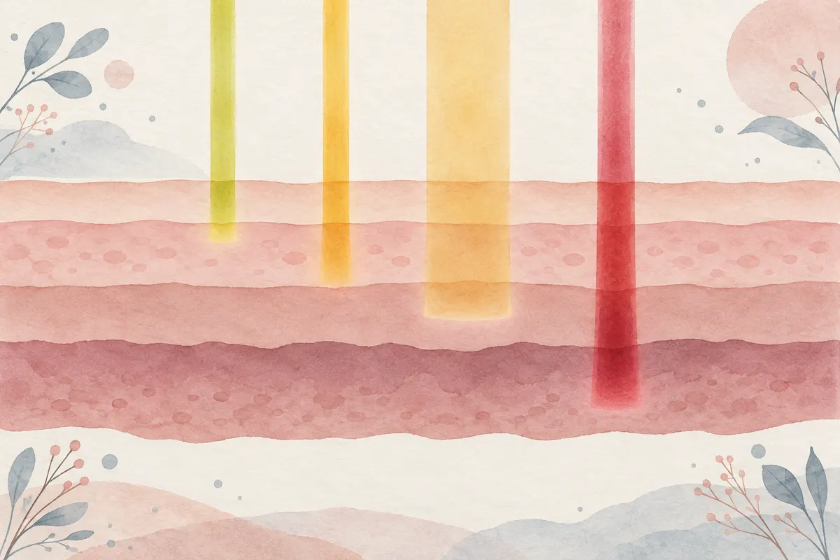 Stacked translucent bands with four coloured beams of light stopping at different depths