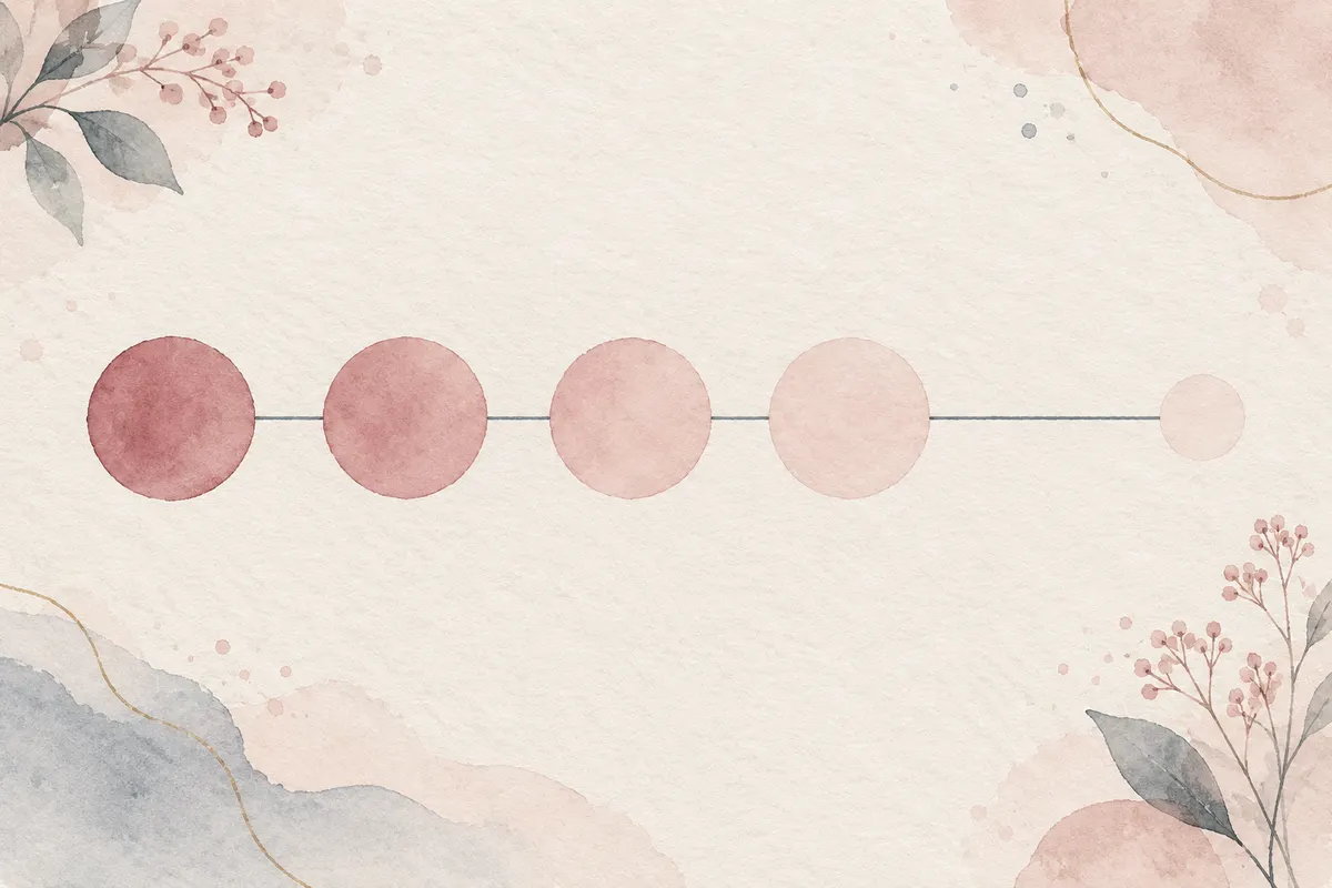 A timeline of four evenly spaced circles fading from deep to pale rose, then a gap and one faint circle