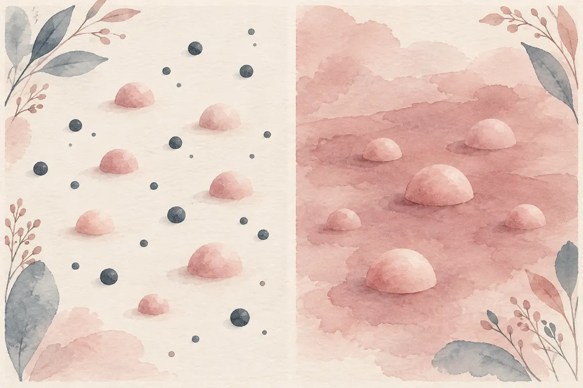 Two panels side by side: on the left, scattered dark dots and raised domes on a pale ground; on the right, small domes resting on a broad wash of rose colour