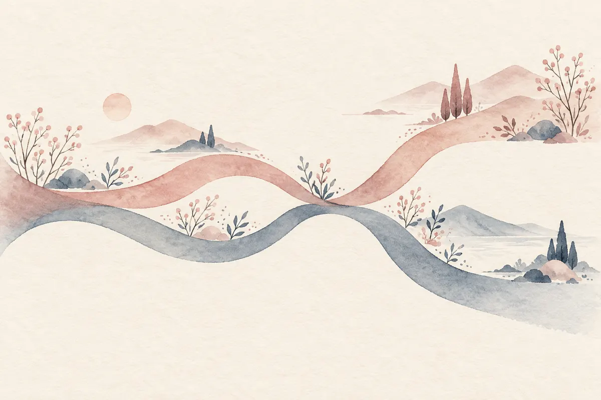 Two paths branching from a shared starting point, one in muted rose and one in slate grey, briefly meeting again in the middle