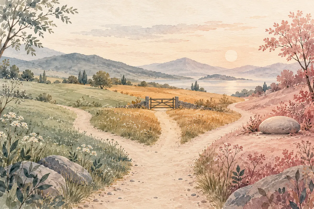 A path dividing into an open slate-green meadow, an amber zone with a low gate and a rose zone with a resting stone