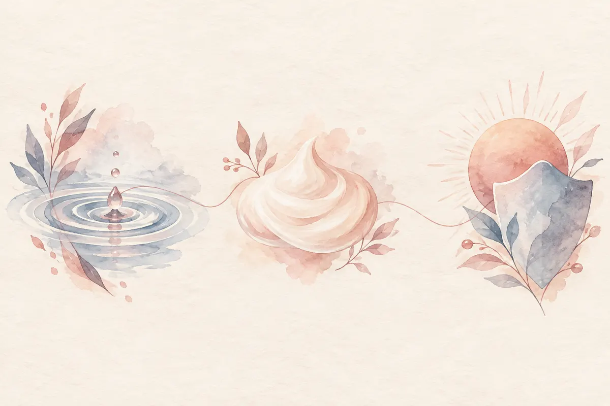 A water ripple, a dollop of cream and a sun behind a rounded shield, joined in a row by a thin line