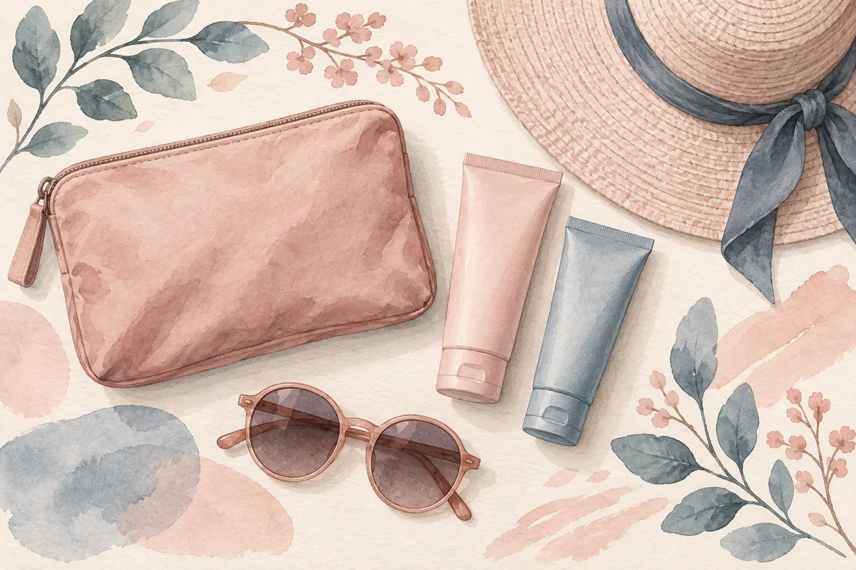 A soft travel pouch laid flat beside unlabeled tubes, a folded wide-brimmed hat and round sunglasses in rose and slate tones