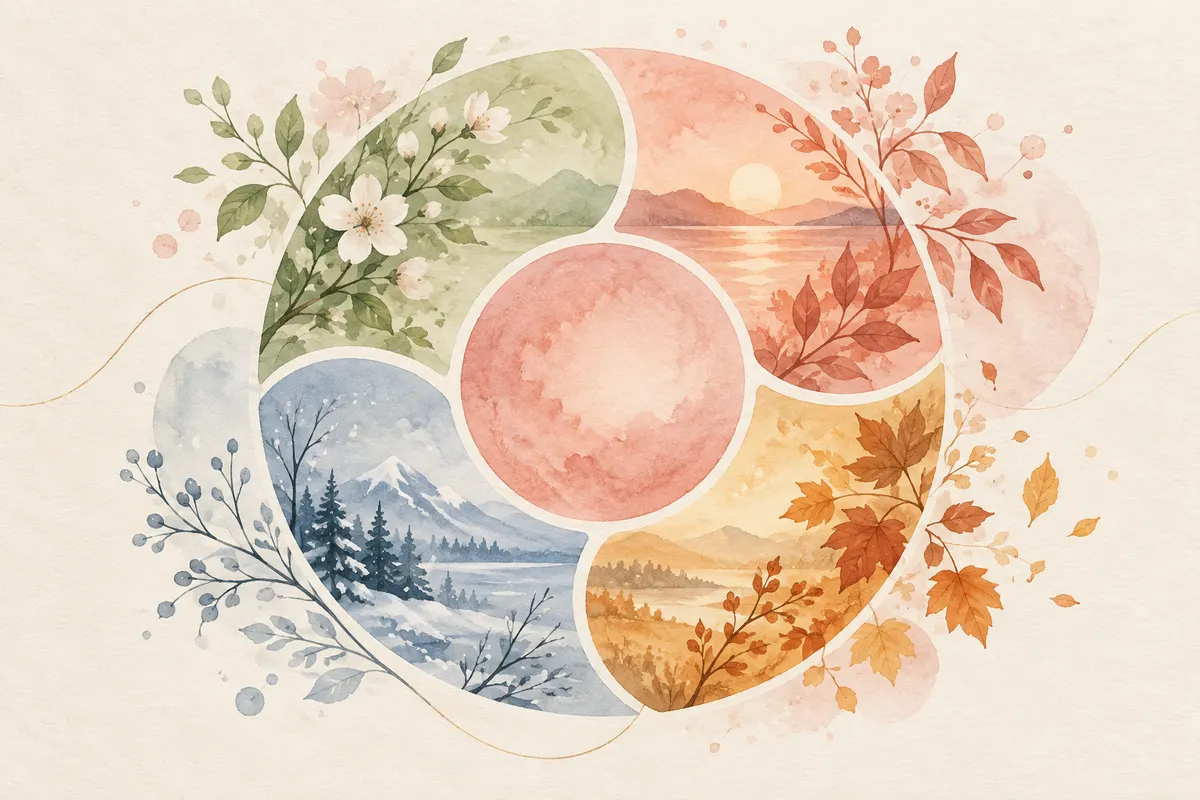 A ring divided into four soft arcs in pale green, warm coral, amber and cool blue, circling a calm rose-coloured centre