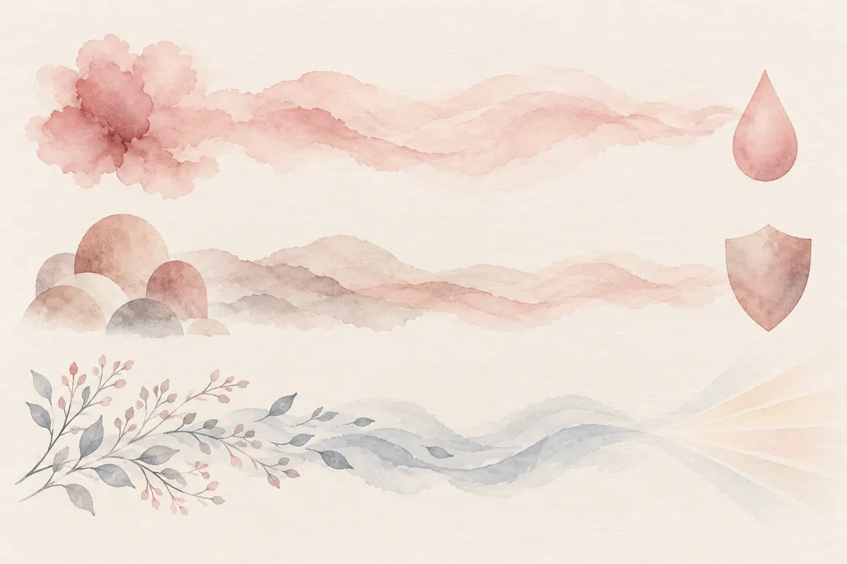 Three lanes linking a rose wash, small domes and branching lines to a droplet, a shield and a beam of light