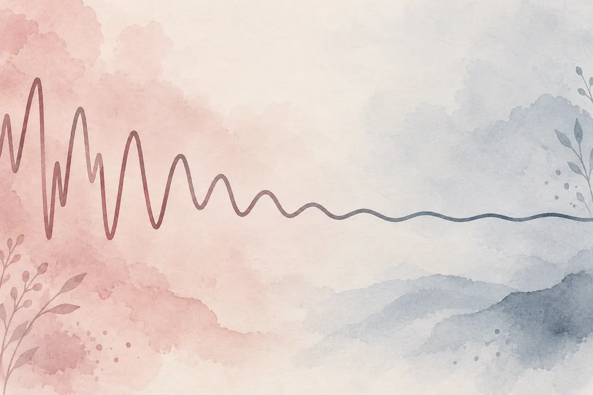 A flowing line that begins as tall choppy waves and settles into a low steady ripple