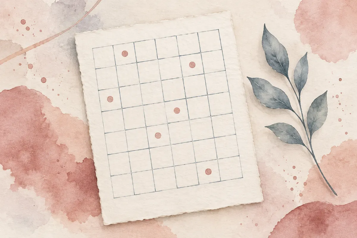 A blank grid of small squares on a single sheet, a few marked with rose-coloured dots, beside a sprig of leaves