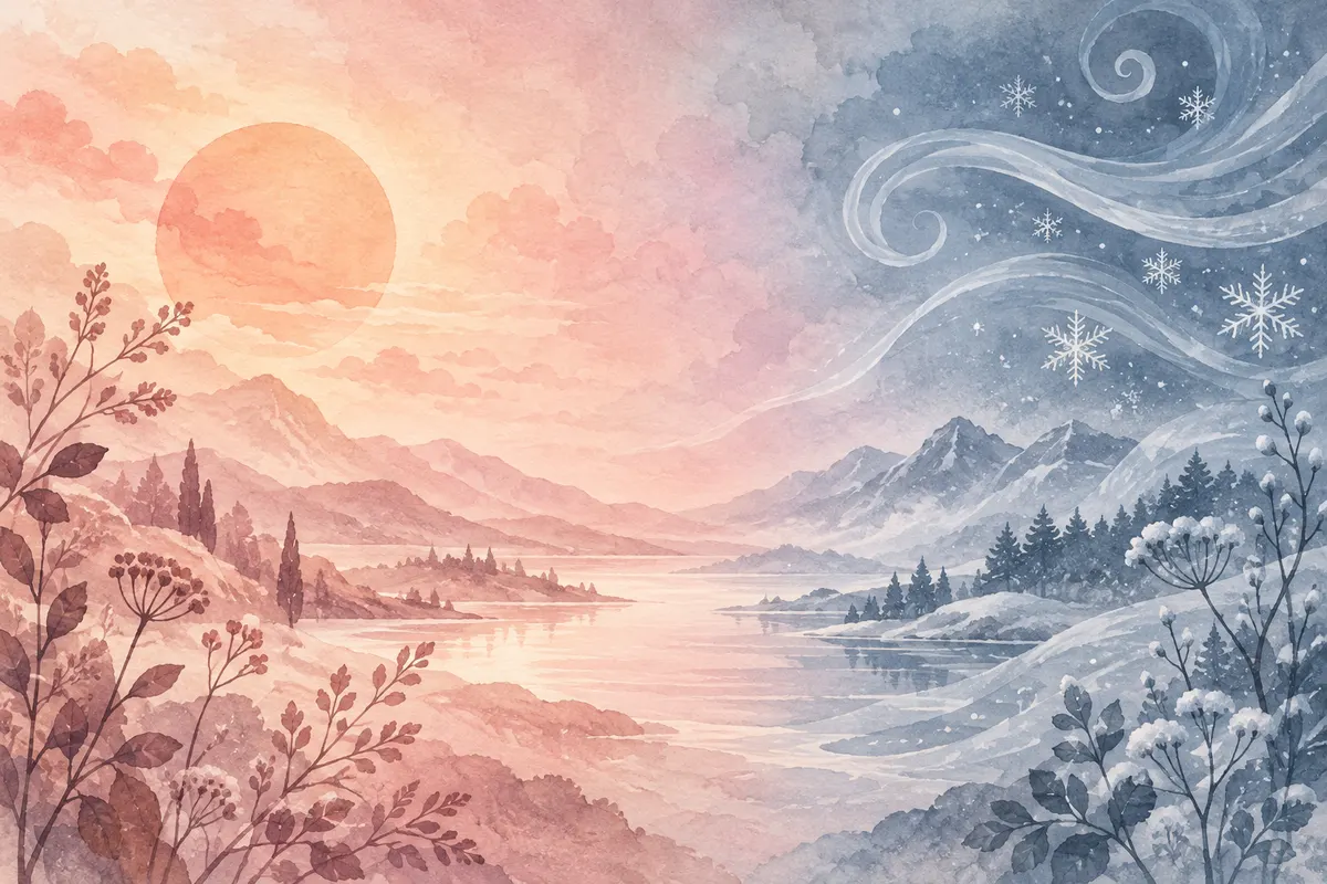 A warm sun with heat haze on the left and cold wind lines with snowflakes on the right, meeting in a rose centre