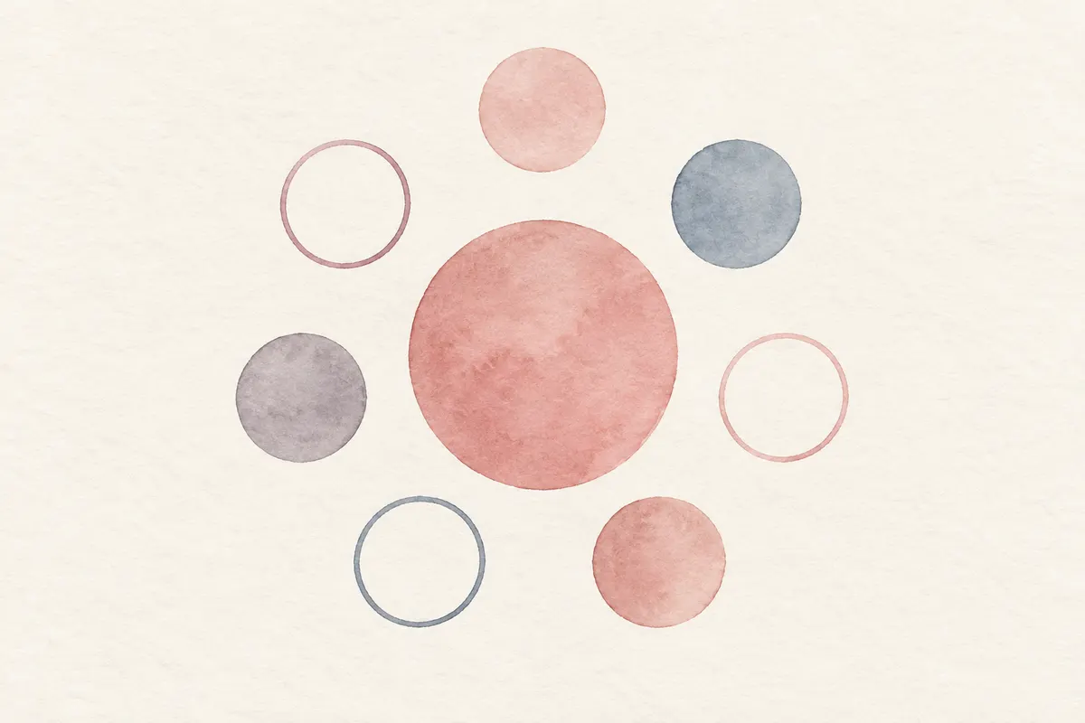 A rose disc surrounded by seven small coloured markers, some filled and some left as empty outlines