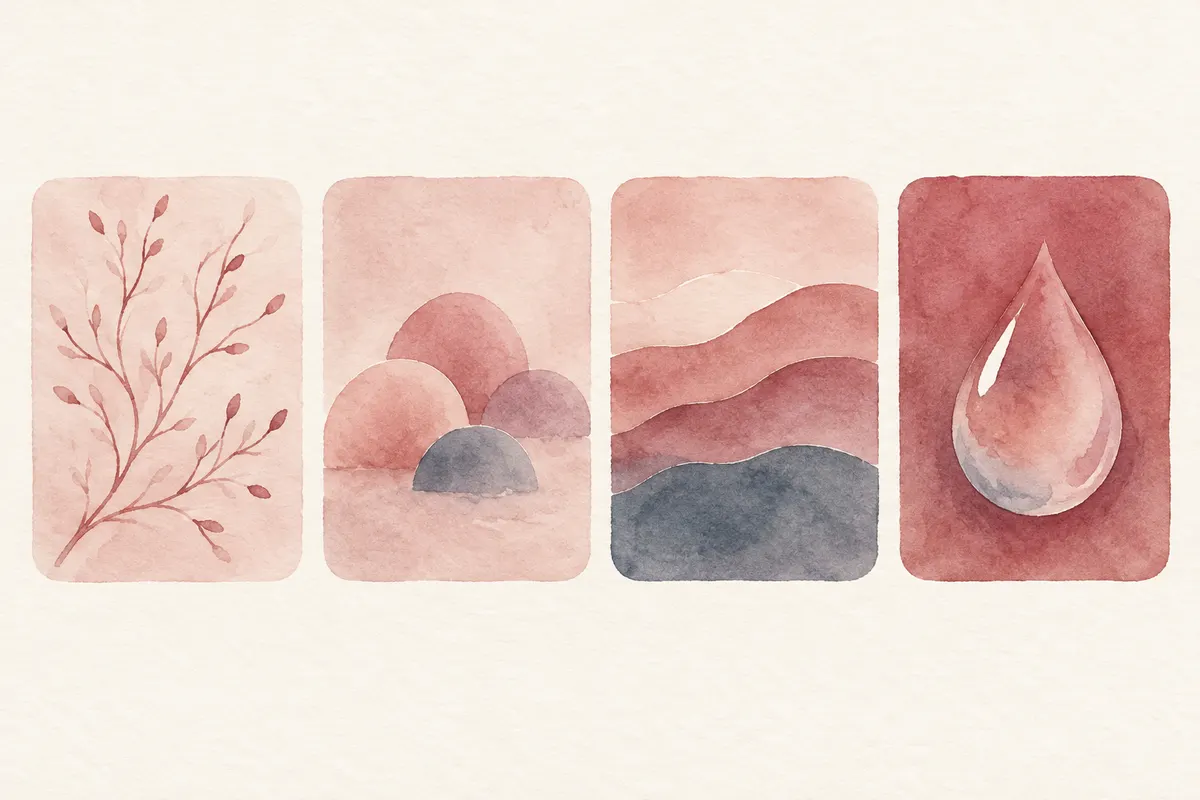 Four rounded tiles graded from blush to deep rose, holding branching red lines, small domes, a layered ridge and a droplet