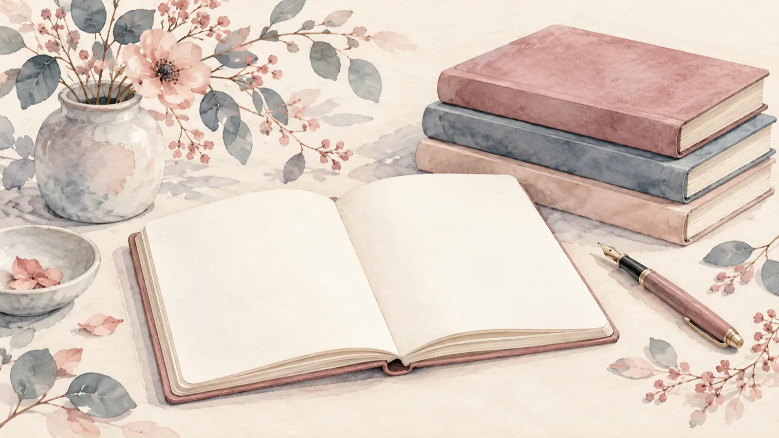 An open notebook with blank pages beside a pen and a small stack of journals