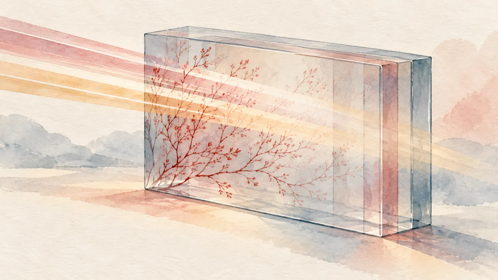Thin beams of rose and amber light passing into a translucent layered block with faint branching red lines