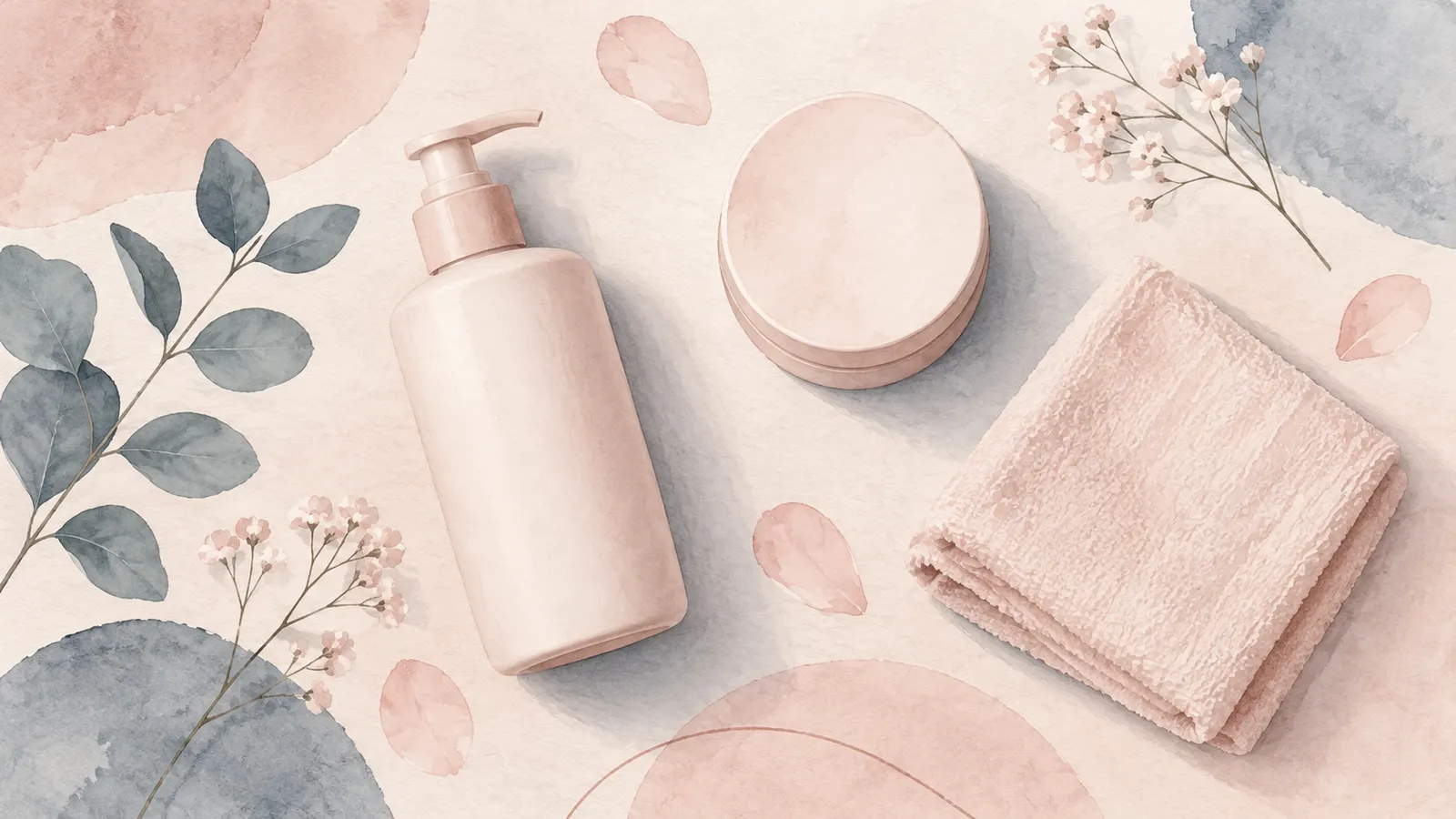 An unlabeled pump bottle, a round jar and a folded towel on a pale rose surface