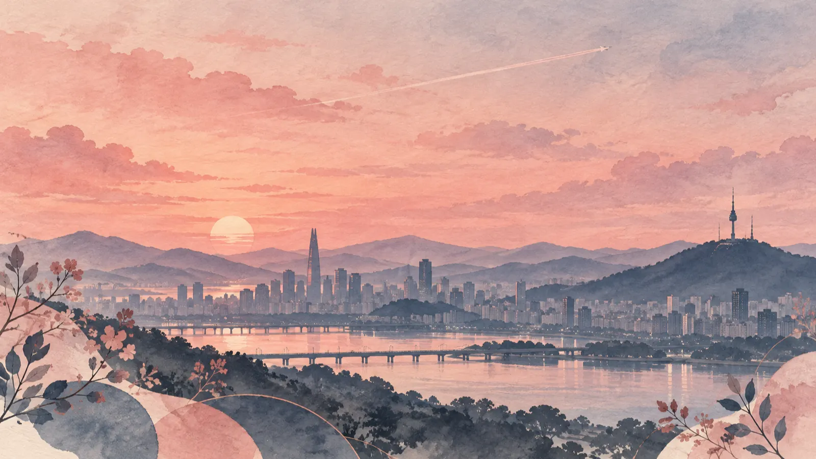 A slate silhouette of Seoul’s skyline and hills under a soft rose dusk sky with a faint aircraft trail