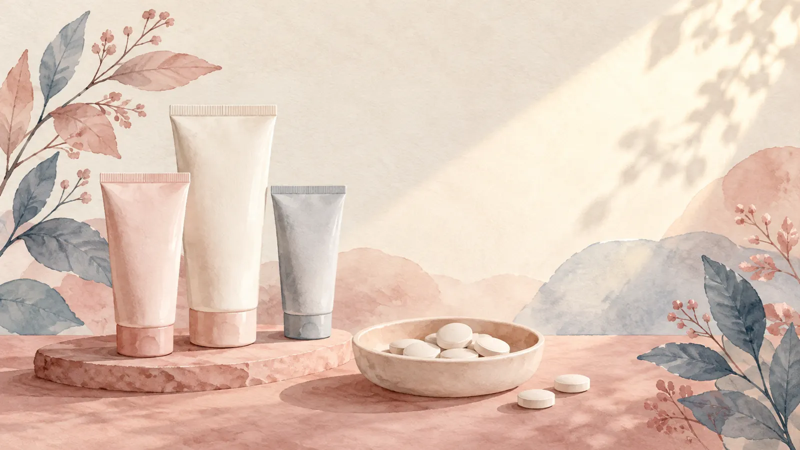 Unlabeled cream tubes, a shallow dish of round tablets and a soft beam of light on a rose background