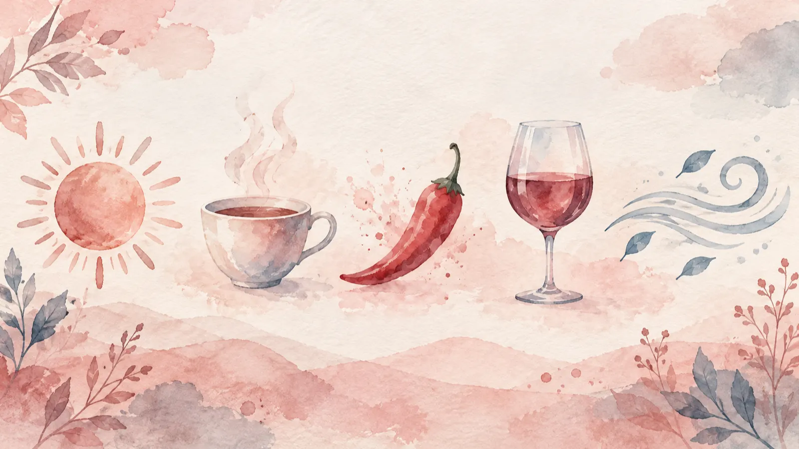 A sun disc, steaming cup, chilli, wine glass and wind swirl arranged on a muted rose background