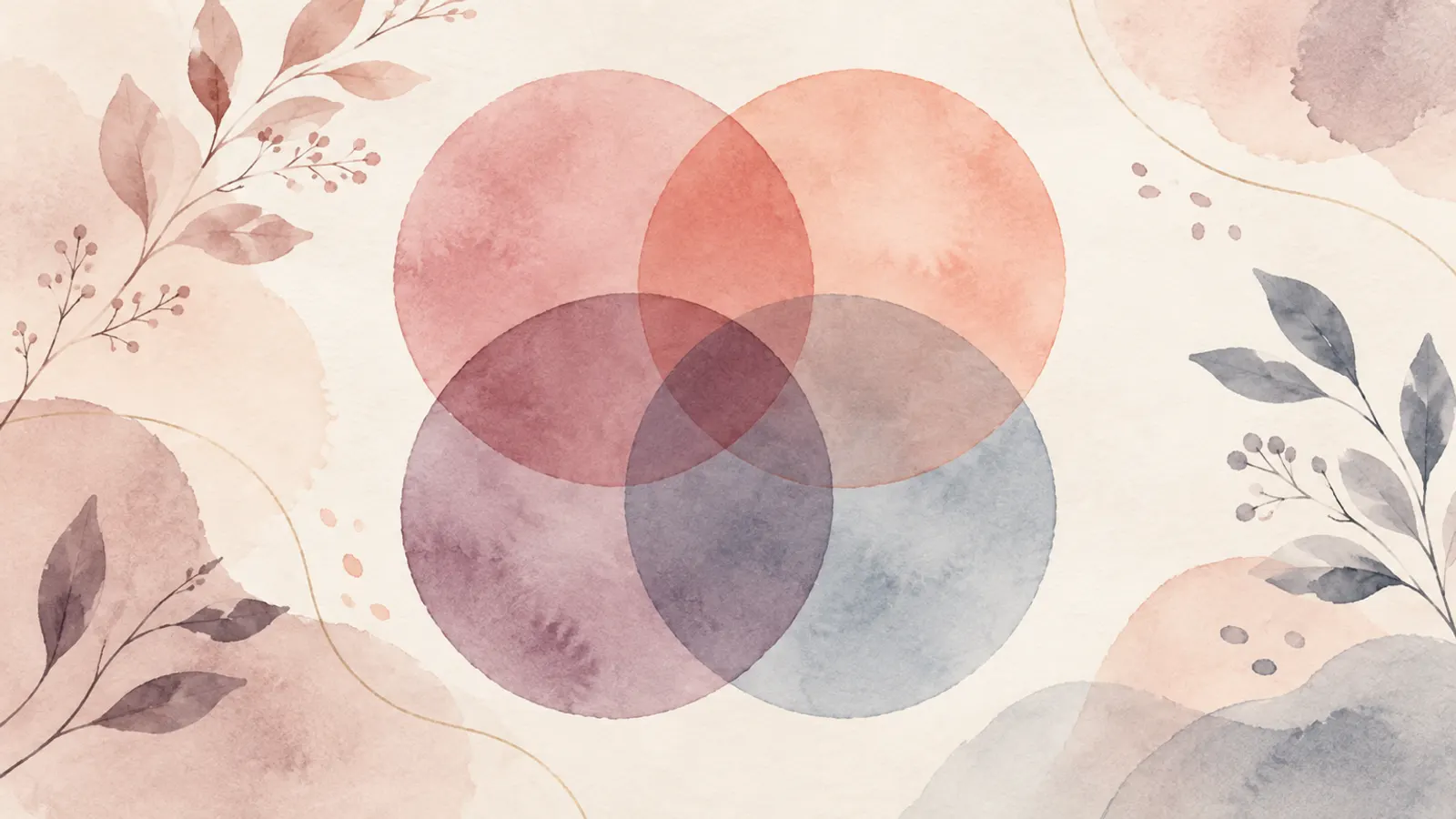 Four translucent circles in rose, coral, plum and slate tones overlapping on a cream background