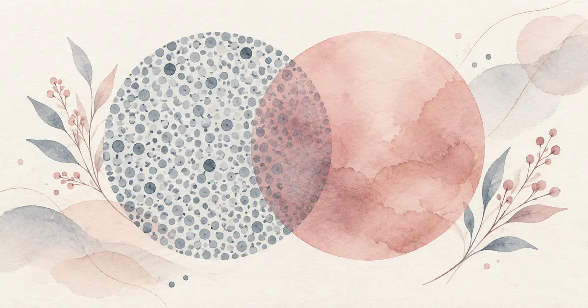 A dotted slate circle overlapping a smooth rose circle