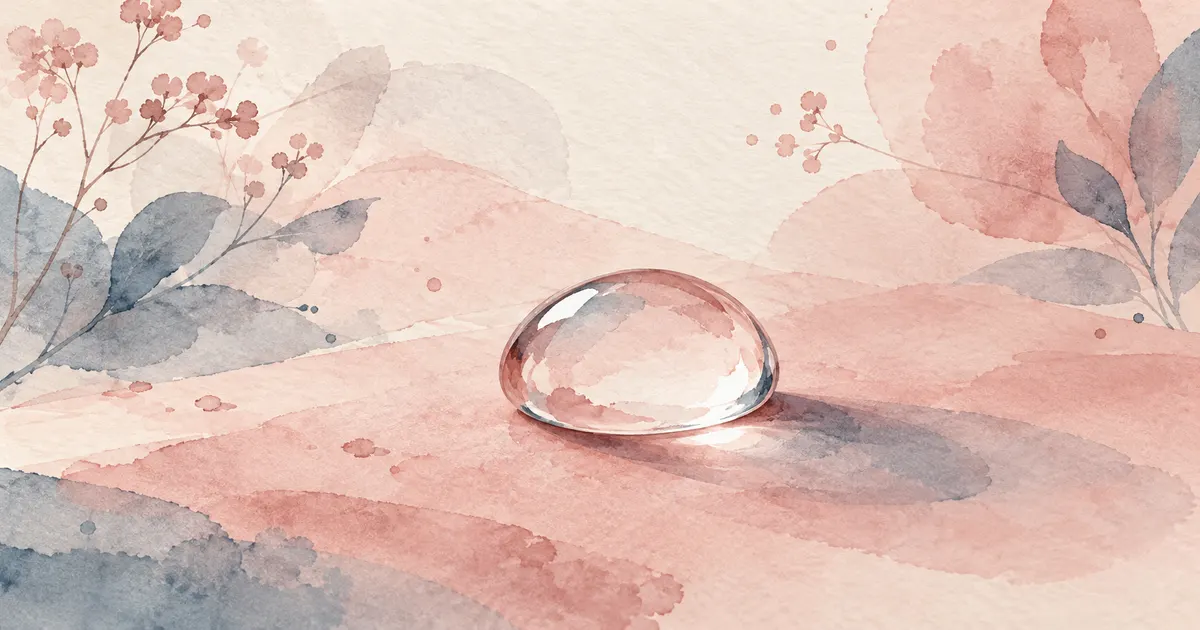 A single clear drop resting on a rose-tinted surface