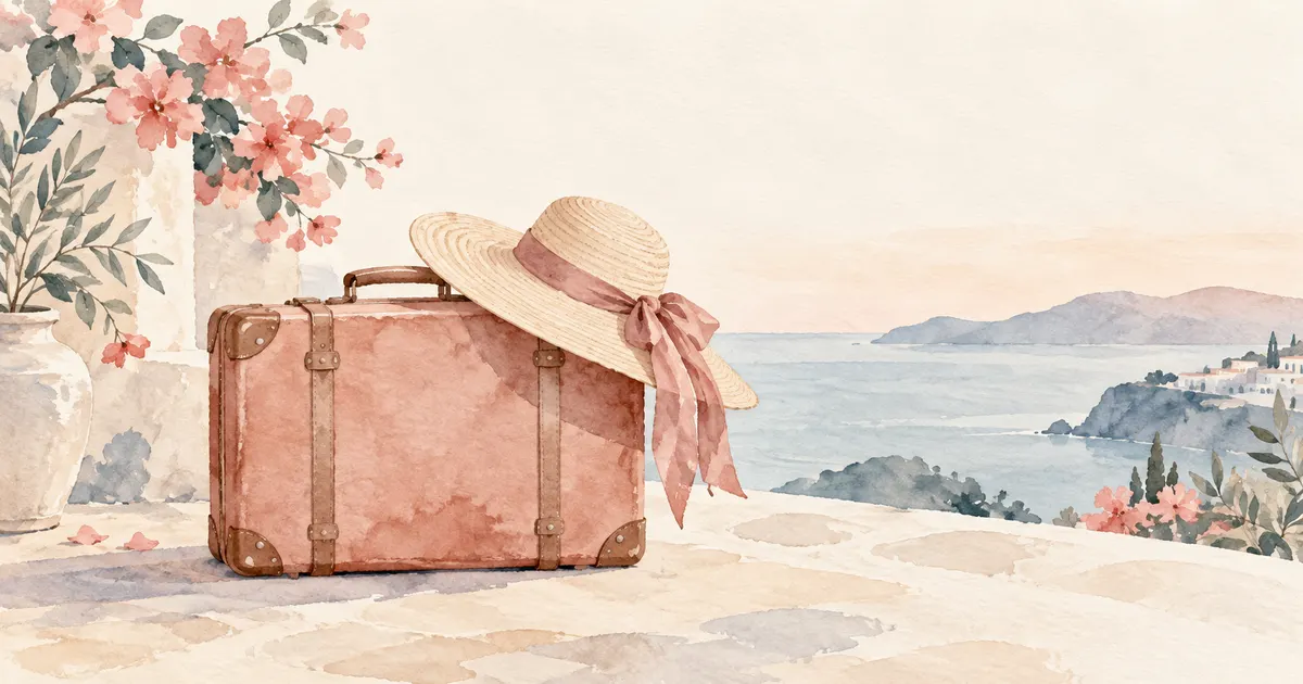 A suitcase with a sun hat resting on top in rose and slate tones