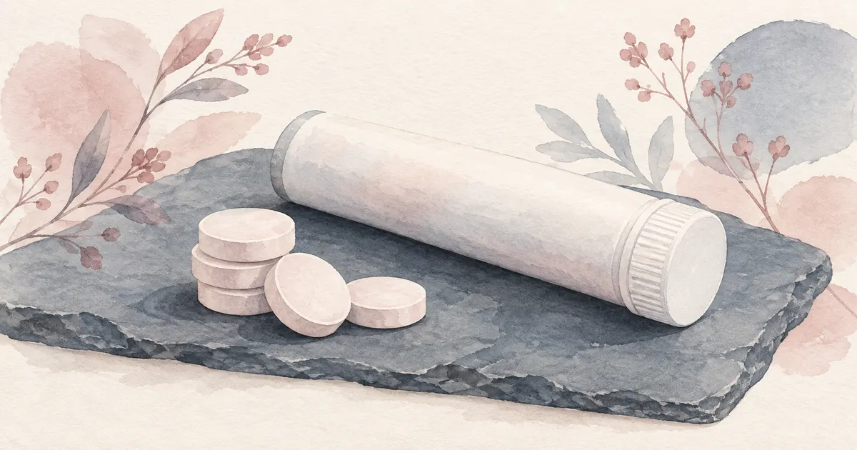Round tablets stacked beside a closed unlabeled tube on a slate background