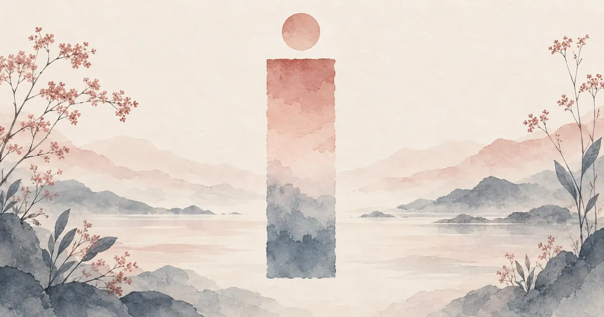 A vertical band shading from cool slate to warm rose beneath a small sun shape