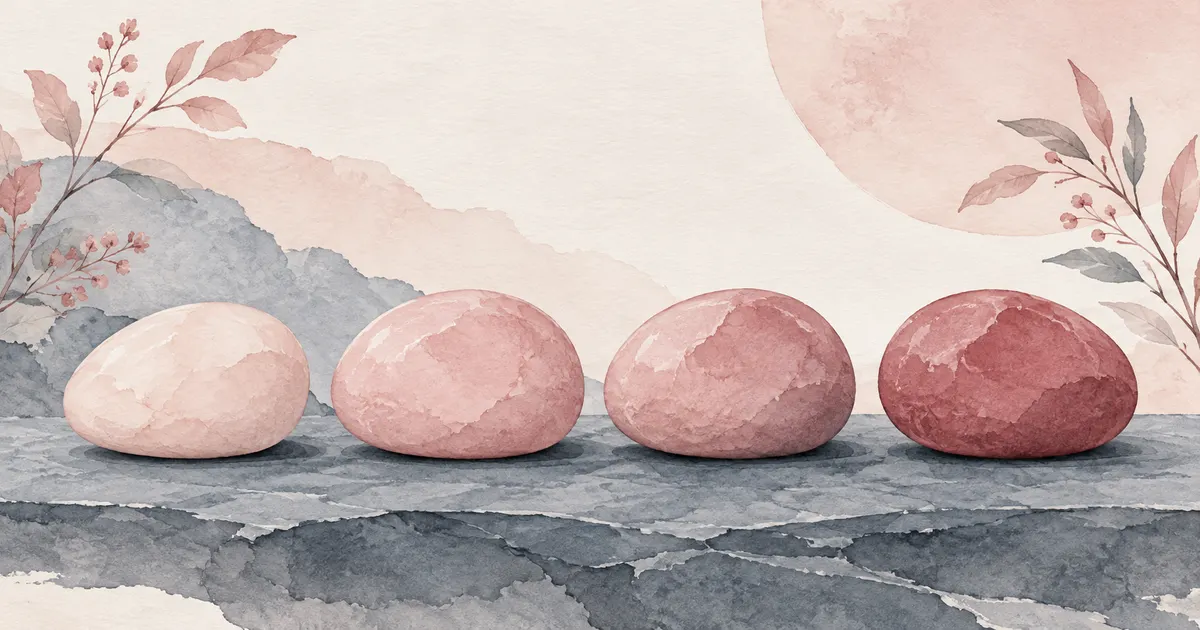Four smooth pebbles graded from pale blush to deep rose on a slate surface